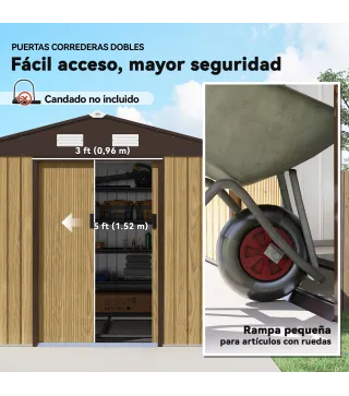 Cobertizo de Jardín Exterior 4,9 m² 277x195x192 cm con Puerta Corredera Ventilación y Kit de Fundación Marrón