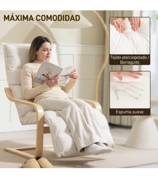 Butaca de Salón con Reposapiés Ajustable Tapizada en Terciopelo con Marco de Madera 67x93x105 cm Crema