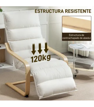 Butaca de Salón con Reposapiés Ajustable Tapizada en Terciopelo con Marco de Madera 67x93x105 cm Crema