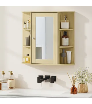 Armario de Baño con Espejo Armario de Pared con Estantes Abiertos 66x17x63 cm Natural