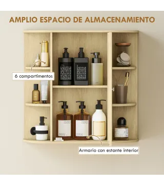 Armario de Baño con Espejo Armario de Pared con Estantes Abiertos 66x17x63 cm Natural