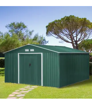 Cobertizo de Jardín 12,4 m² 340x386x200 cm con 2 Puertas Corredizas Base Refuerzo (Suelo NO Incluido) Verde