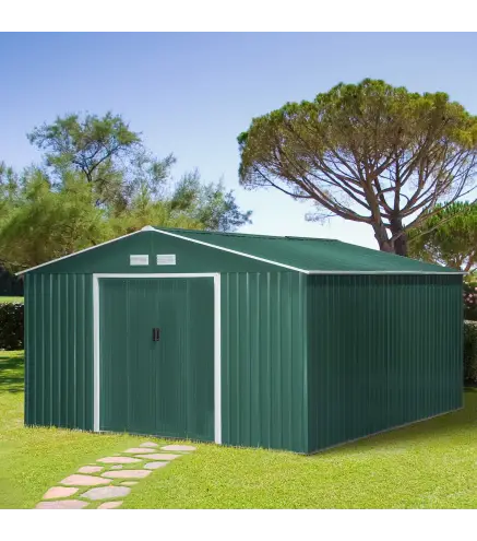 Cobertizo de Jardín 12,4 m² 340x386x200 cm con 2 Puertas Corredizas Base Refuerzo (Suelo NO Incluido) Verde