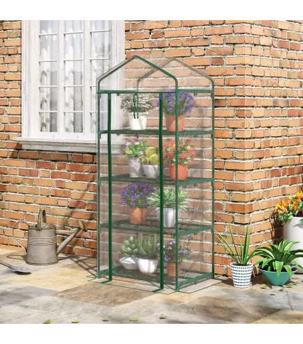 Invernadero de Exterior con 4 Estantes, Invernadero Pequeño con Puerta Enrollable, Marco de Acero y Cubierta de Plástico, Anti-U