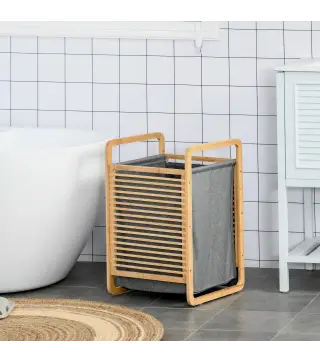 Cesto para Ropa Sucia de Bambú Cesto Rectangular de Ropa Portátil con Tapa y Bolsa Extraíble Mueble de Baño Dormitorio 40x35,5x6