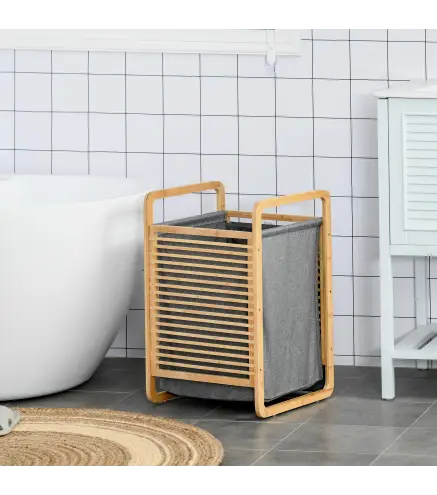 Cesto para Ropa Sucia de Bambú Cesto Rectangular de Ropa Portátil con Tapa y Bolsa Extraíble Mueble de Baño Dormitorio 4