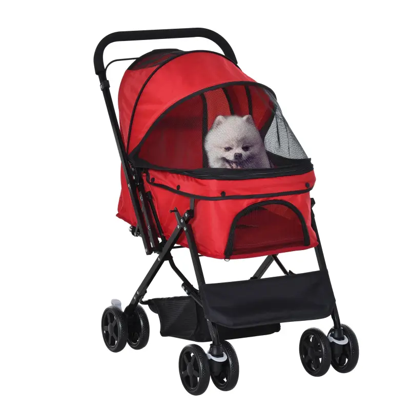 Carrito para Perros Plegable con Mango Reversible Ventana de Malla Cesta de Almacenamiento 76,5x52x95 cm Rojo