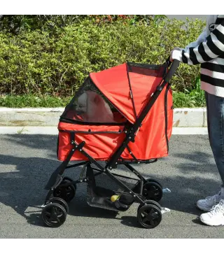 Carrito para Perros Plegable con Mango Reversible Ventana de Malla Cesta de Almacenamiento 76,5x52x95 cm Rojo