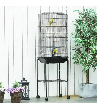 Jaula para Pájaros con Soporte Jaula Metálica con Ruedas Bandeja Extraíble y Estante 46,5x36x157 cm Negro