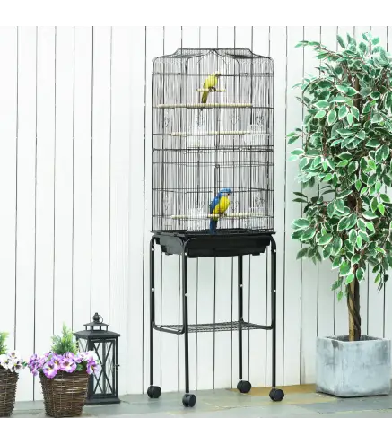 Jaula para Pájaros con Soporte Jaula Metálica con Ruedas Bandeja Extraíble y Estante 46,5x36x157 cm Negro
