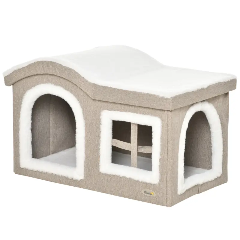 Casa Plegable para Gatos Interior Cueva para Gatos Grande con Tapa Extraíble Cojines 2 Entradas y Ventana Taburete para Gatos 63