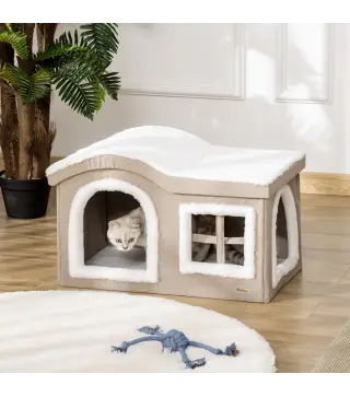 Casa Plegable para Gatos Interior Cueva para Gatos Grande con Tapa Extraíble Cojines 2 Entradas y Ventana Taburete para Gatos 63