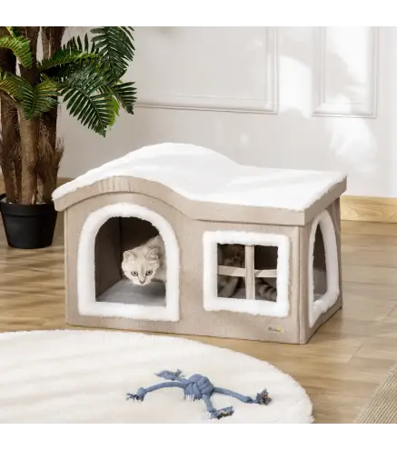 Casa Plegable para Gatos Interior Cueva para Gatos Grande con Tapa Extraíble Cojines 2 Entradas y Ventana Taburete para Gatos 63