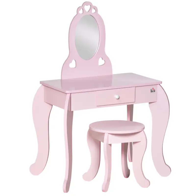 Tocador Infantil de Madera para 3-6 Años con Cajón Taburete a Juego y Espejo Tipo Princesa 60x36x88 cm Rosa