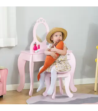Tocador Infantil de Madera para 3-6 Años con Cajón Taburete a Juego y Espejo Tipo Princesa 60x36x88 cm Rosa