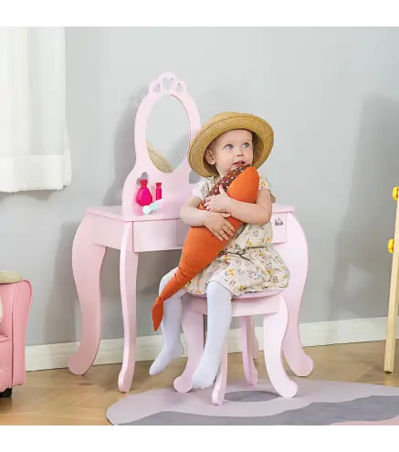 Tocador Infantil de Madera para 3-6 Años con Cajón Taburete a Juego y Espejo Tipo Princesa 60x36x88 cm Rosa