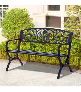 Banco de Jardín de 2 Plazas Banco de Terraza de Hierro con Diseño Clásico Patrón Floral 127x60x85cm Negro