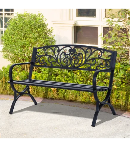 Banco de Jardín de 2 Plazas Banco de Terraza de Hierro con Diseño Clásico Patrón Floral 127x60x85cm Negro
