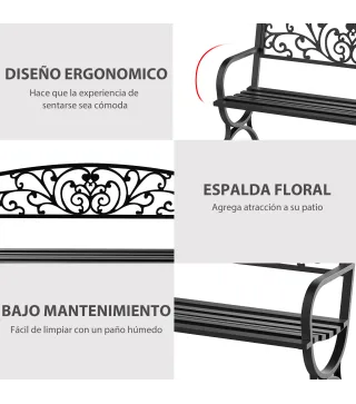 Banco de Jardín de 2 Plazas Banco de Terraza de Hierro con Diseño Clásico Patrón Floral 127x60x85cm Negro