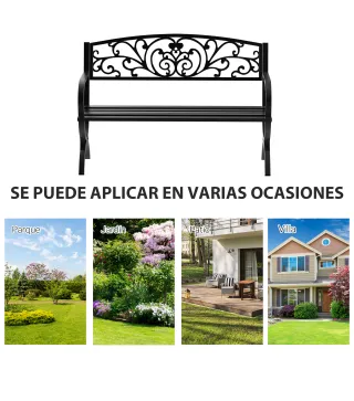 Banco de Jardín de 2 Plazas Banco de Terraza de Hierro con Diseño Clásico Patrón Floral 127x60x85cm Negro