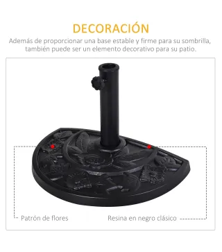 Soporte para Parasol Peso 9 kg en Forma de Semicírculo para Poste de Paraguas de Ø3,8 cm y Ø4,8 cm 50x31x32 cm Negro