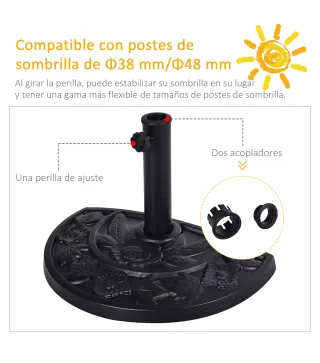 Soporte para Parasol Peso 9 kg en Forma de Semicírculo para Poste de Paraguas de Ø3,8 cm y Ø4,8 cm 50x31x32 cm Negro