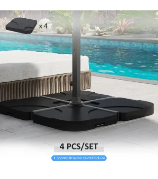 Conjunto de 4 Pesos Rellenables con Agua o Arena de HDPE para Sombrillas con Base Cruzada 50x50x7,5 cm c/u Negro