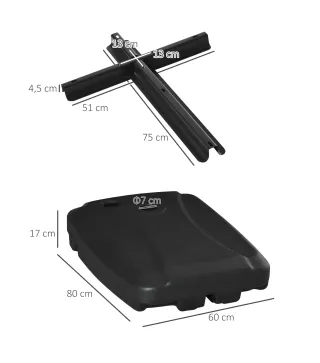 Base de Sombrilla con 2 Ruedas Rellenable de Agua 60 kg Arena 68 kg o Mixto 75 kg 80x60x17 cm Negro