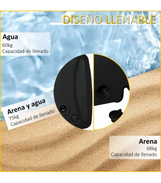 Base de Sombrilla con 2 Ruedas Rellenable de Agua 60 kg Arena 68 kg o Mixto 75 kg 80x60x17 cm Negro