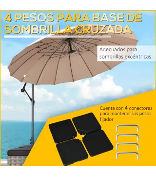 Conjunto de 4 Pesos Rellenables para Base de Sombrilla Cruzada con 15 Litros de Agua o 17,5 kg de Arena Negro