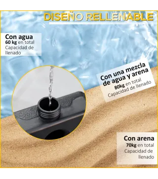 Conjunto de 4 Pesos Rellenables para Base de Sombrilla Cruzada con 15 Litros de Agua o 17,5 kg de Arena Negro