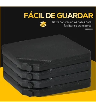 Conjunto de 4 Pesos Rellenables para Base de Sombrilla Cruzada con 15 Litros de Agua o 17,5 kg de Arena Negro