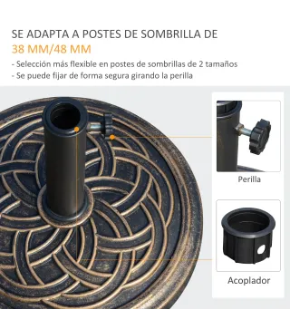 Base de Sombrilla de Jardín Peso Neto 12 kg Soporte de Parasol Redondo Apto para Postes de 38mm/48mm Resina y Acero para Terraza
