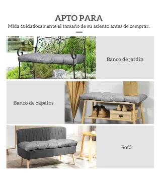 Cojín para Banco de 2 Plazas para Interior y Exterior con 8 Puntadas para Sillas Sofás 110x48x8 cm Gris