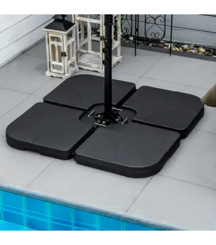 Conjunto de 4 Pesos Rellenables para Base de Sombrilla Cruzada con 15 Litros de Agua o 19,5 kg de Arena Negro