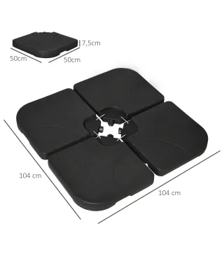 Conjunto de 4 Pesos Rellenables para Base de Sombrilla Cruzada con 15 Litros de Agua o 19,5 kg de Arena Negro