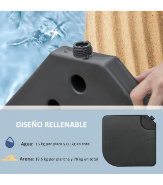 Conjunto de 4 Pesos Rellenables para Base de Sombrilla Cruzada con 15 Litros de Agua o 19,5 kg de Arena Negro