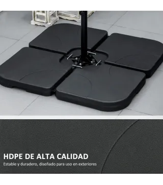 Conjunto de 4 Pesos Rellenables para Base de Sombrilla Cruzada con 15 Litros de Agua o 19,5 kg de Arena Negro