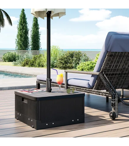 Base para Sombrilla Exterior 3 en 1 Mesa Auxiliar Macetero con Drenaje Soporte de Parasol Rellenable Arena 80 kg Negro