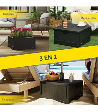 Base para Sombrilla Exterior 3 en 1 Mesa Auxiliar Macetero con Drenaje Soporte de Parasol Rellenable Arena 80 kg Negro