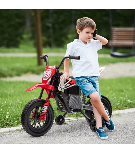 Moto Eléctrica para Niños de +3 Años con Batería 12V Música y Ruedas Auxiliares Carga 30 kg Rojo