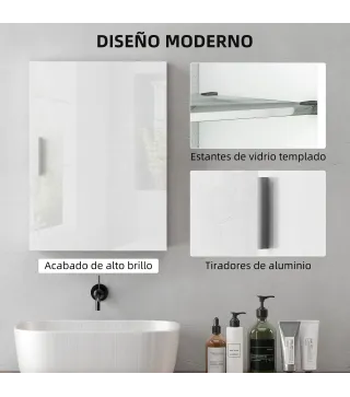 Armario de Baño de Pared con Estantes Ajustables de Vidrio Templado Ahorro de Espacio 40x15x55 cm Blanco Brillo