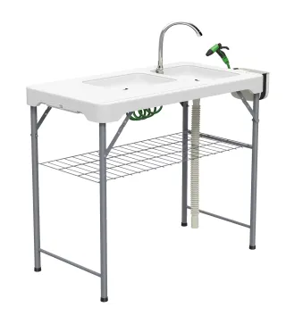 Mesa Plegable para Camping con 2 Fregaderos Manguera de Drenaje Estación de Limpieza y Grifo Blanco