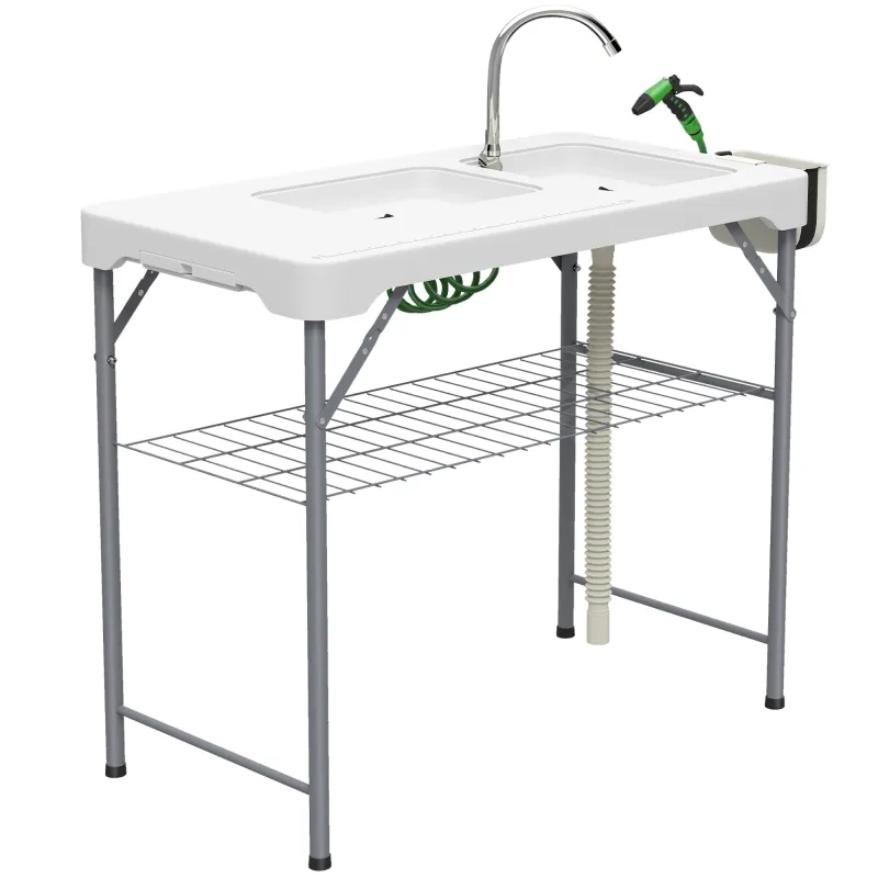 Mesa Plegable para Camping con 2 Fregaderos Manguera de Drenaje Estación de Limpieza y Grifo Blanco