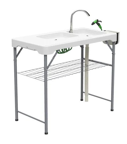Mesa Plegable para Camping con 2 Fregaderos Manguera de Drenaje Estación de Limpieza y Grifo Blanco