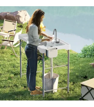 Mesa Plegable para Camping con 2 Fregaderos Manguera de Drenaje Estación de Limpieza y Grifo Blanco