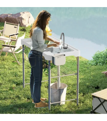 Mesa Plegable para Camping con 2 Fregaderos Manguera de Drenaje Estación de Limpieza y Grifo Blanco