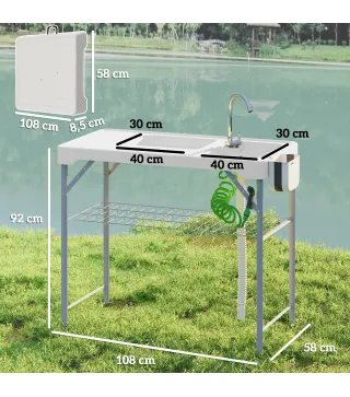 Mesa Plegable para Camping con 2 Fregaderos Manguera de Drenaje Estación de Limpieza y Grifo Blanco