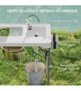Mesa Plegable para Camping con 2 Fregaderos Manguera de Drenaje Estación de Limpieza y Grifo Blanco
