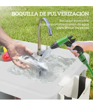Mesa Plegable para Camping con 2 Fregaderos Manguera de Drenaje Estación de Limpieza y Grifo Blanco